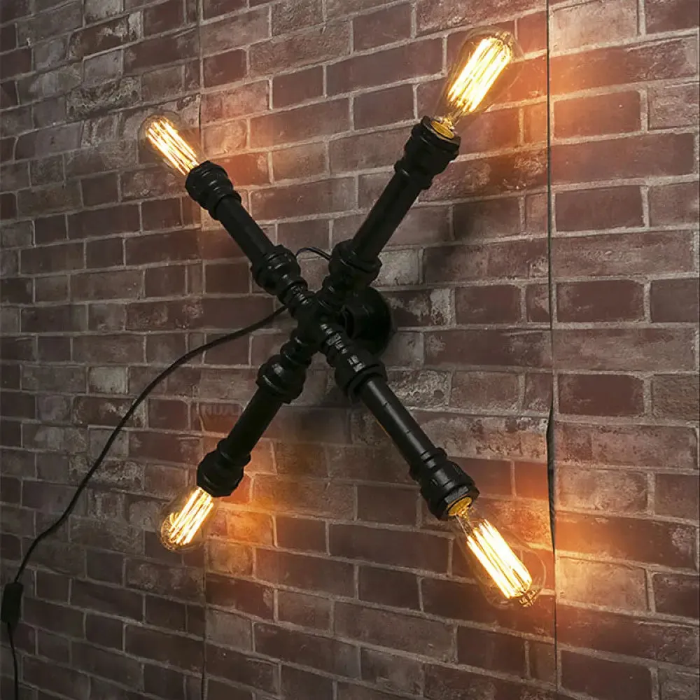 Industrial Black X-Shaped Wall Sconce Lamp with Water Pipe, 4 Bulbs