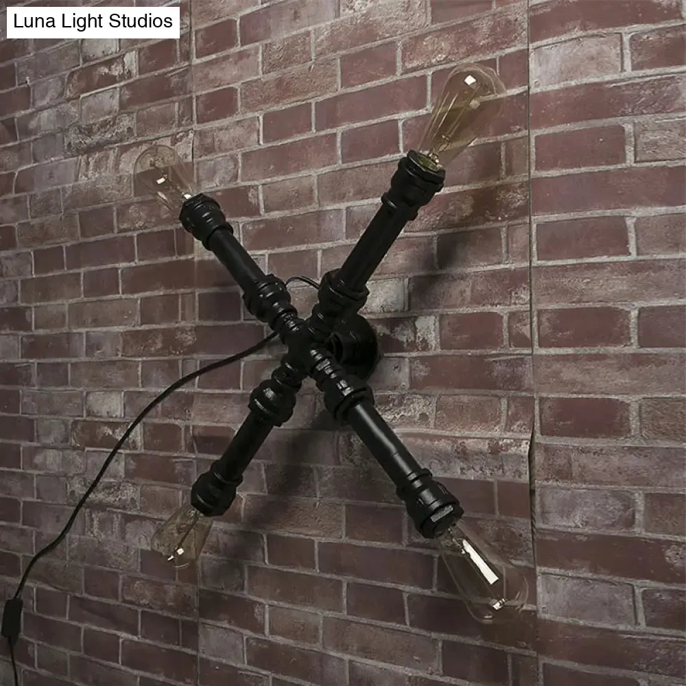 Industrial Black X-Shaped Wall Sconce Lamp with Water Pipe, 4 Bulbs