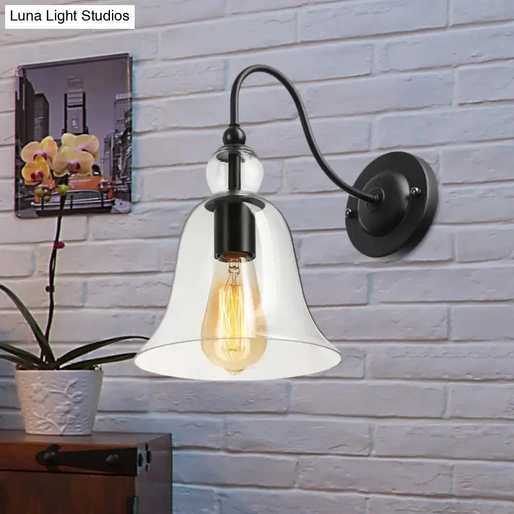 Industrial Clear/Green/Smoked Glass Wall Sconce with Gooseneck Arm - 1-Light Black Bell Bedroom Lamp