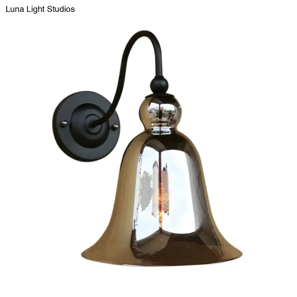 Industrial Clear/Green/Smoked Glass Wall Sconce with Gooseneck Arm - 1-Light Black Bell Bedroom Lamp