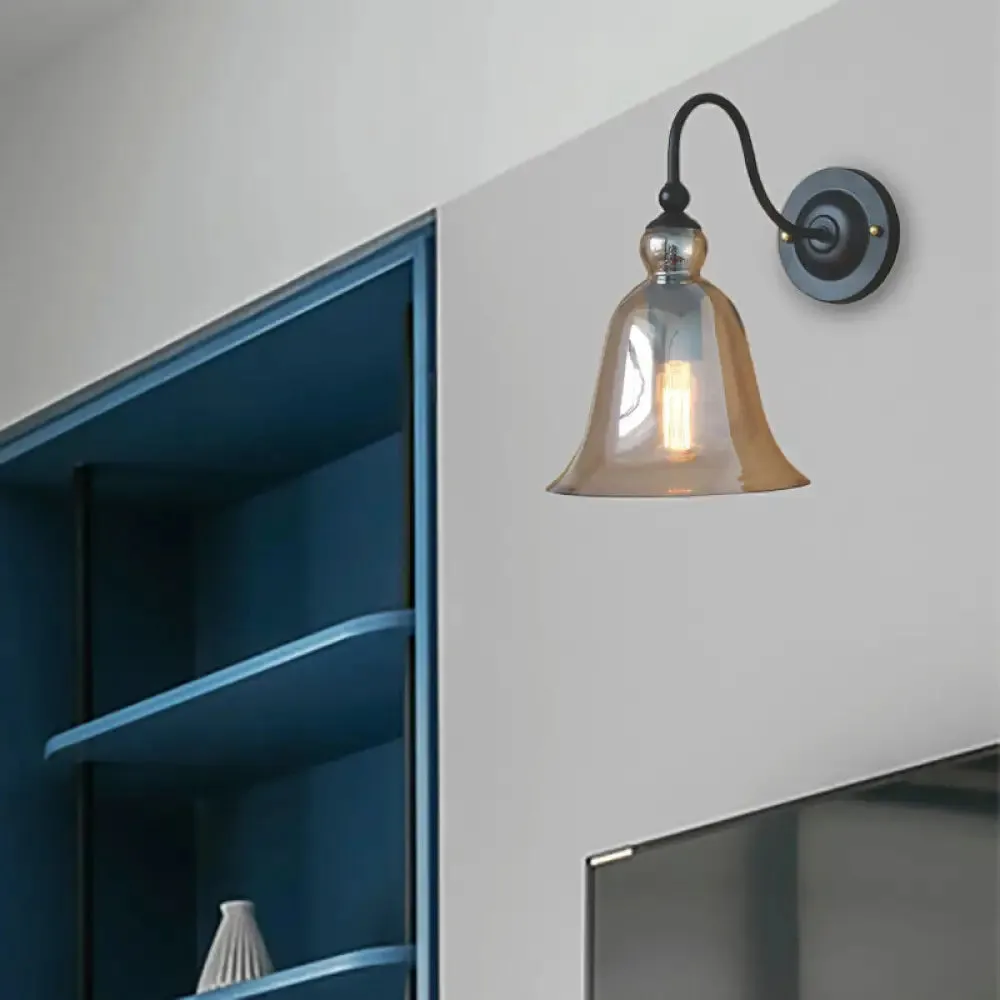 Industrial Clear/Green/Smoked Glass Wall Sconce with Gooseneck Arm - 1-Light Black Bell Bedroom Lamp