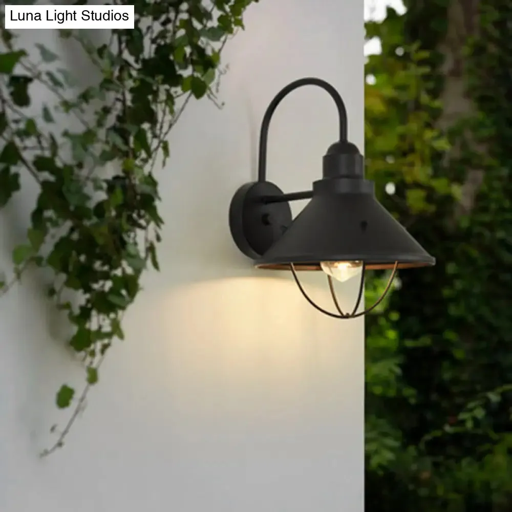 Industrial Flare Sconce Light: Black Metal Outdoor Fixture with Cage