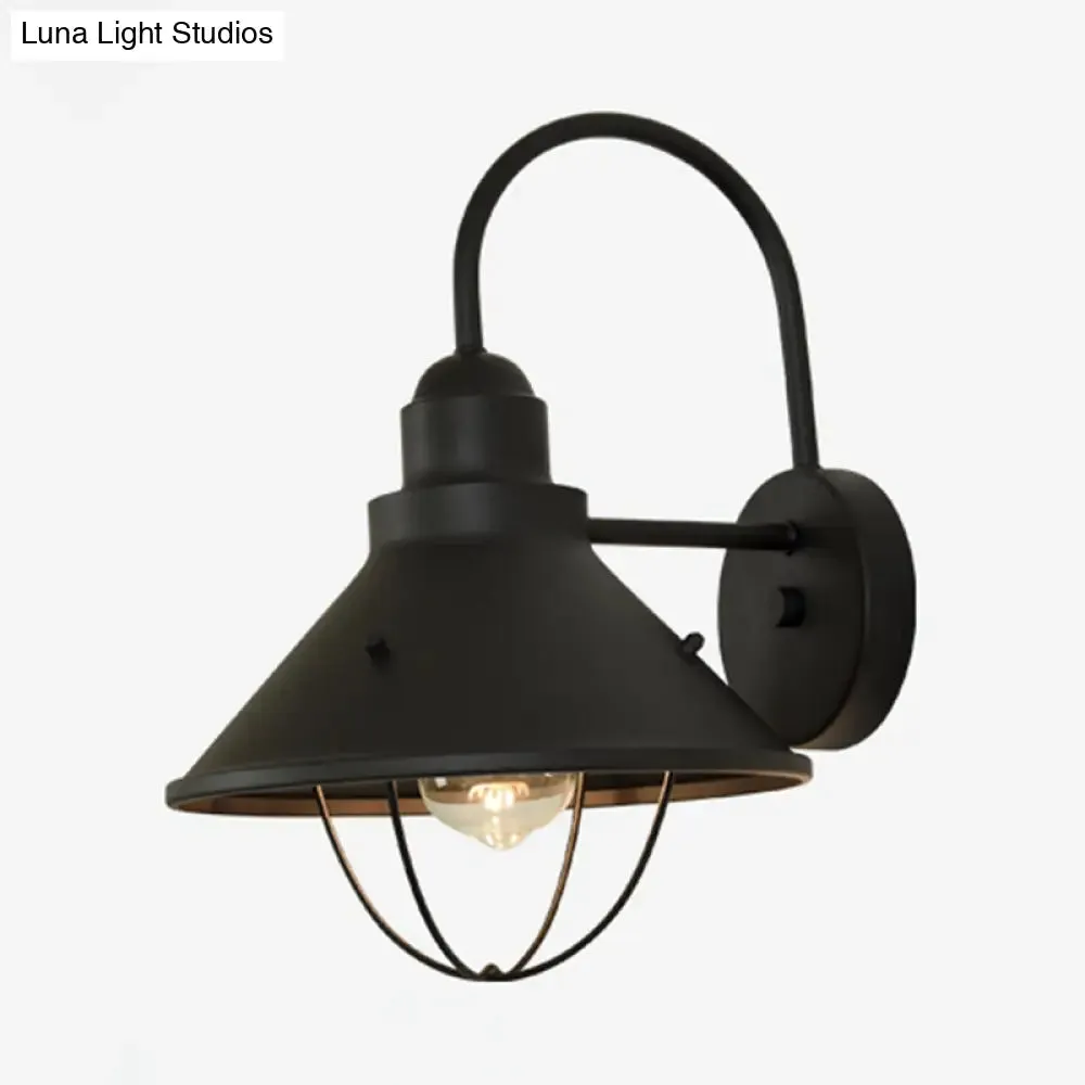 Industrial Flare Sconce Light: Black Metal Outdoor Fixture with Cage