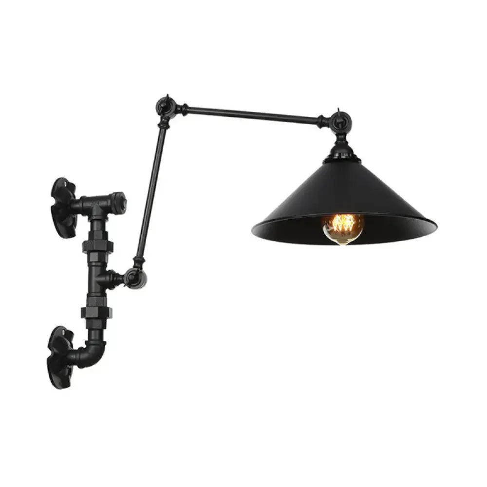 Industrial Iron Cone/Flared Wall Lamp - Black 1-Light Rotatable Fixture with Water Pipe Bracket