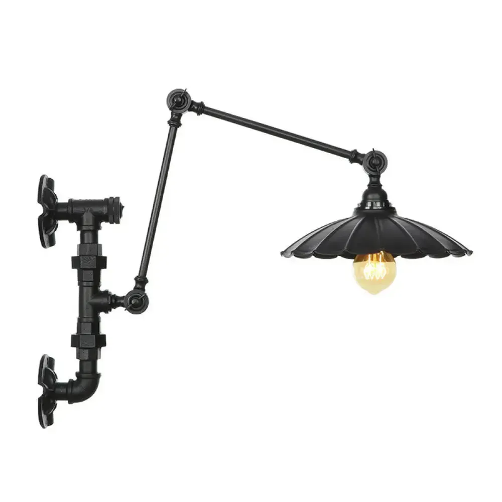 Industrial Iron Cone/Flared Wall Lamp - Black 1-Light Rotatable Fixture with Water Pipe Bracket