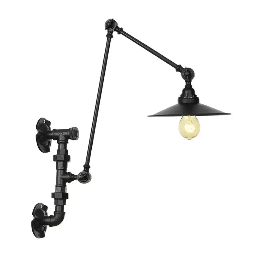 Industrial Iron Cone/Flared Wall Lamp - Black 1-Light Rotatable Fixture with Water Pipe Bracket