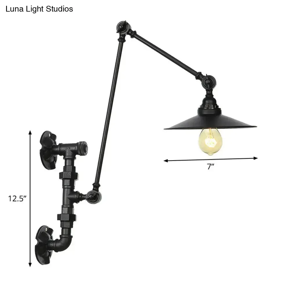 Industrial Iron Cone/Flared Wall Lamp - Black 1-Light Rotatable Fixture with Water Pipe Bracket