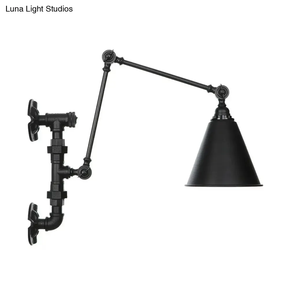 Industrial Iron Cone/Flared Wall Lamp - Black 1-Light Rotatable Fixture with Water Pipe Bracket