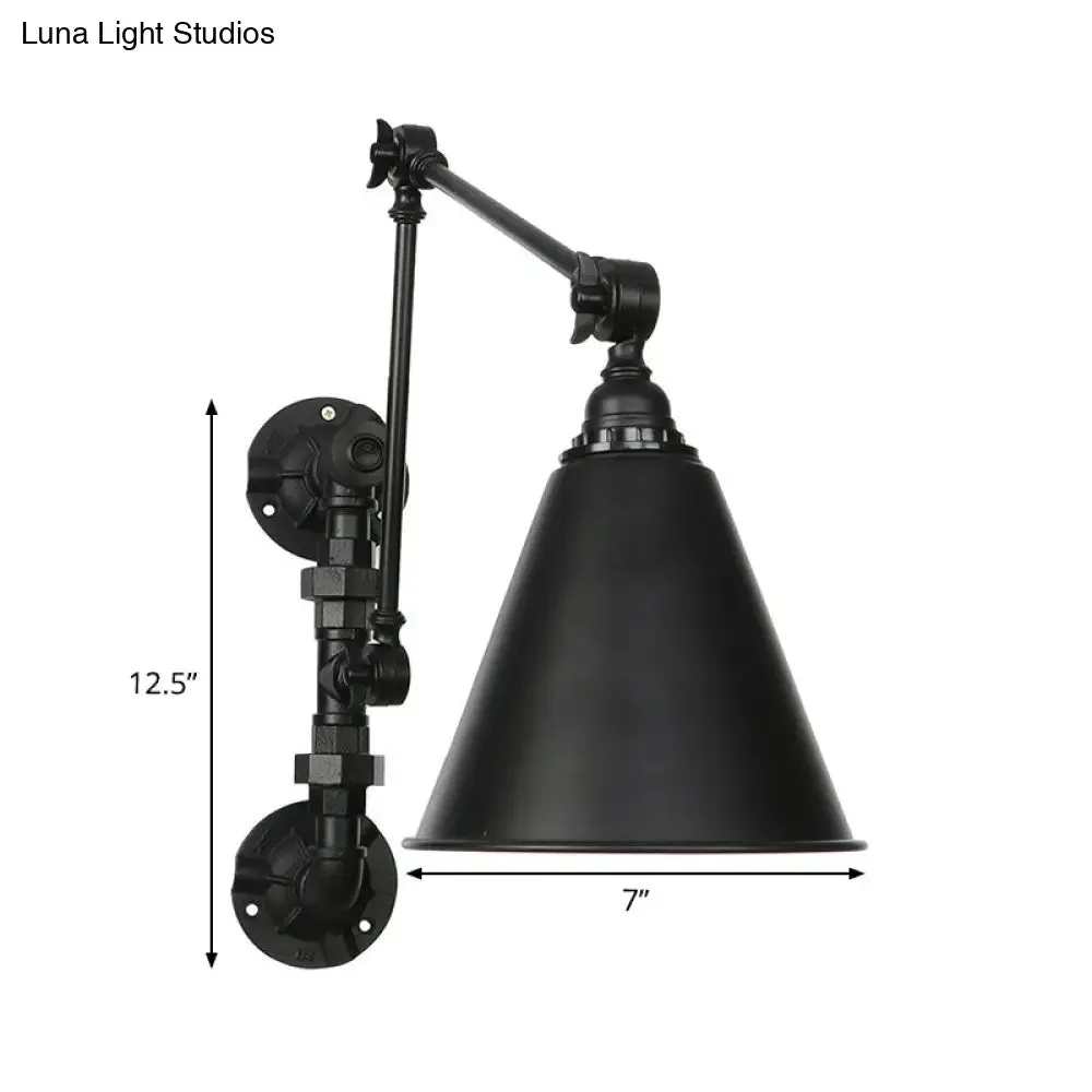 Industrial Iron Cone/Flared Wall Lamp - Black 1-Light Rotatable Fixture with Water Pipe Bracket