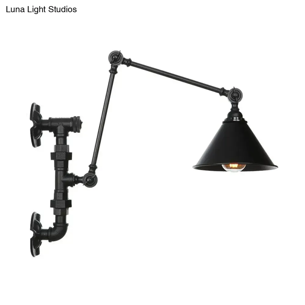 Industrial Iron Cone/Flared Wall Lamp - Black 1-Light Rotatable Fixture with Water Pipe Bracket