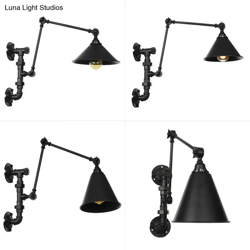 Industrial Iron Cone/Flared Wall Lamp - Black 1-Light Rotatable Fixture with Water Pipe Bracket