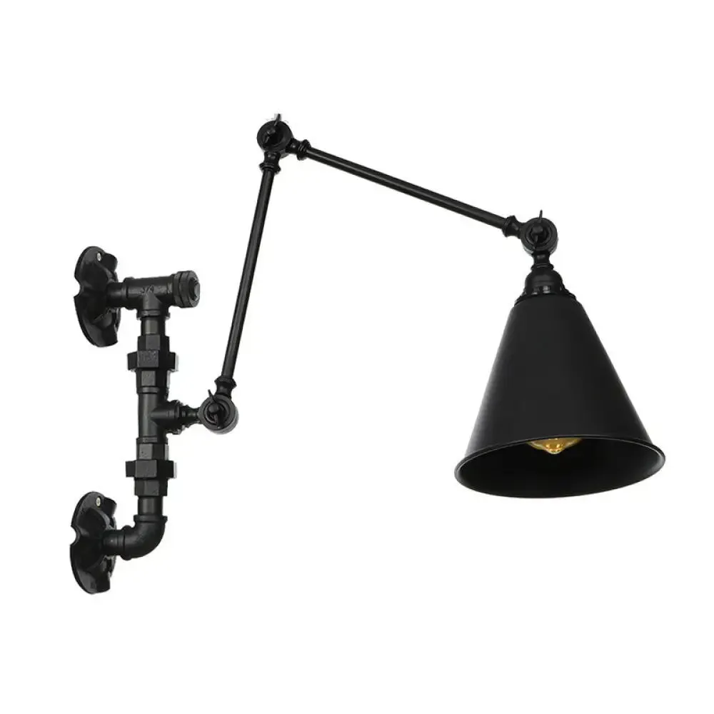 Industrial Iron Cone/Flared Wall Lamp - Black 1-Light Rotatable Fixture with Water Pipe Bracket