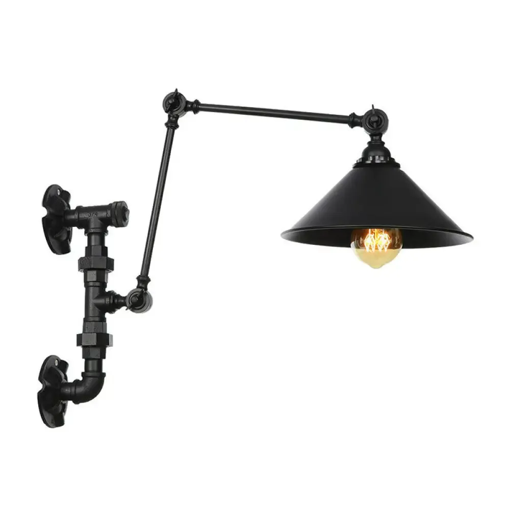 Industrial Iron Cone/Flared Wall Lamp - Black 1-Light Rotatable Fixture with Water Pipe Bracket