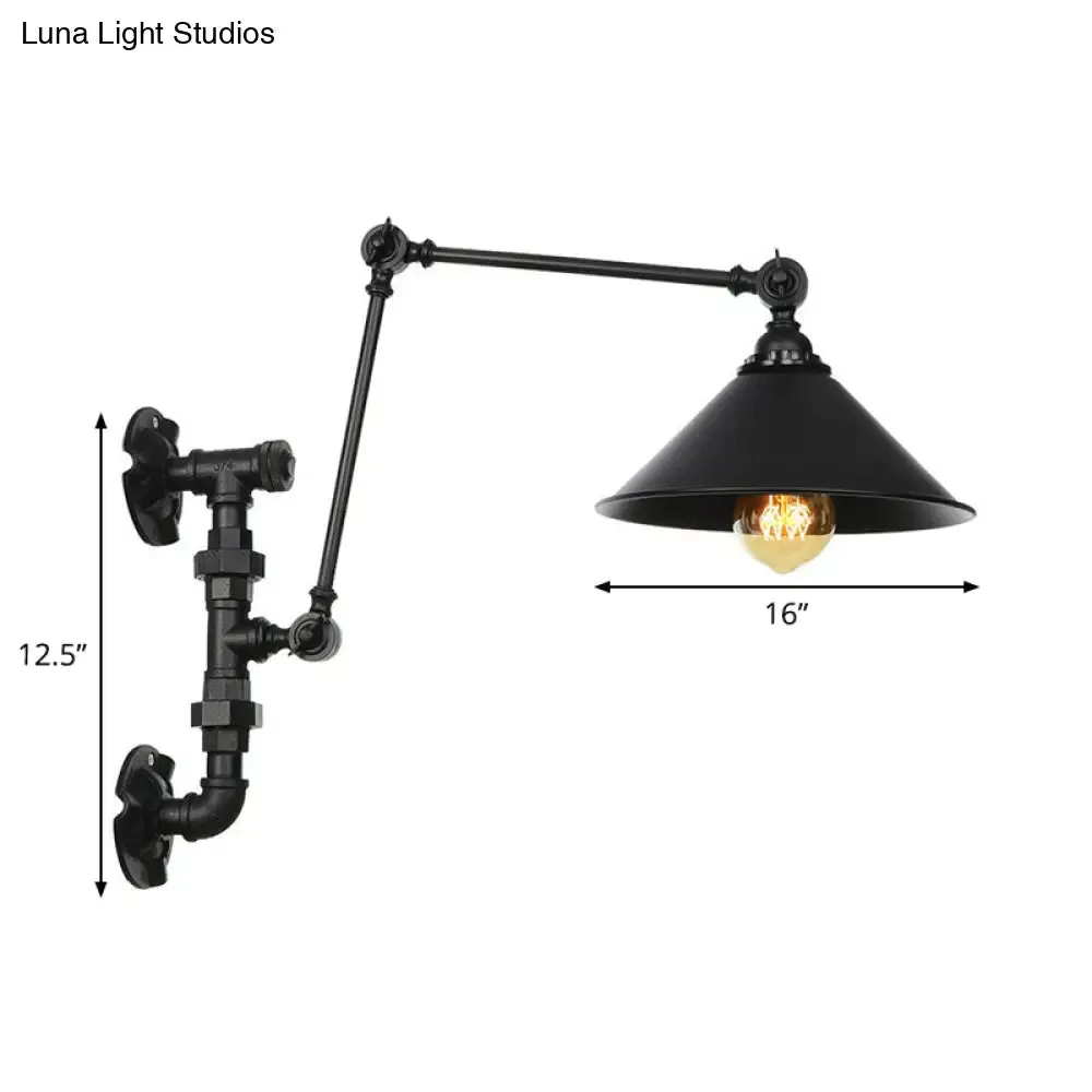 Industrial Iron Cone/Flared Wall Lamp - Black 1-Light Rotatable Fixture with Water Pipe Bracket