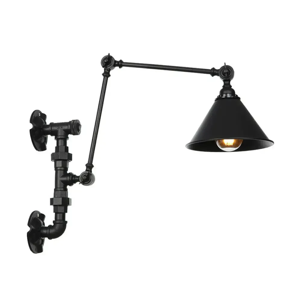 Industrial Iron Cone/Flared Wall Lamp - Black 1-Light Rotatable Fixture with Water Pipe Bracket