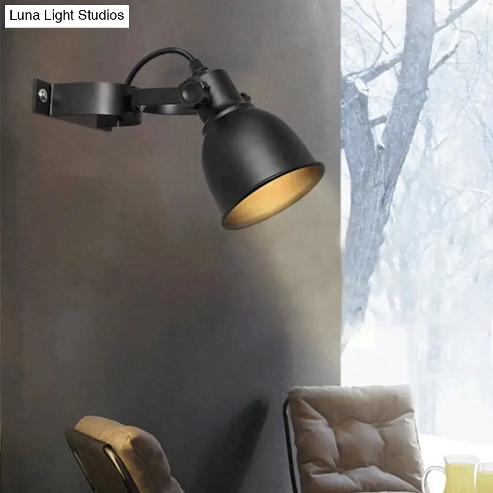 Industrial Iron Dome Wall Light Sconce - Adjustable Handle, Black Finish