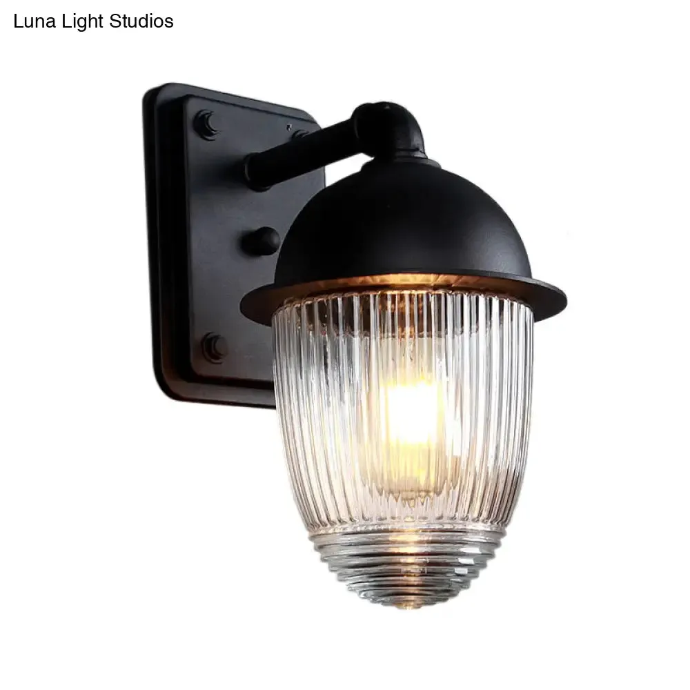 Industrial Ribbed Glass Black Sconce Light, Thick Jelly Jar Wall Lamp, 1-Light Fixture, 5"/6" Wide