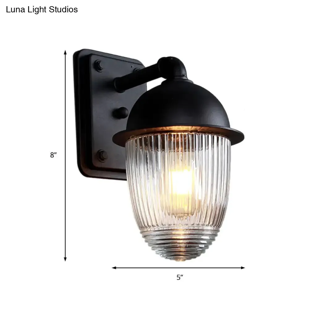 Industrial Ribbed Glass Black Sconce Light, Thick Jelly Jar Wall Lamp, 1-Light Fixture, 5"/6" Wide