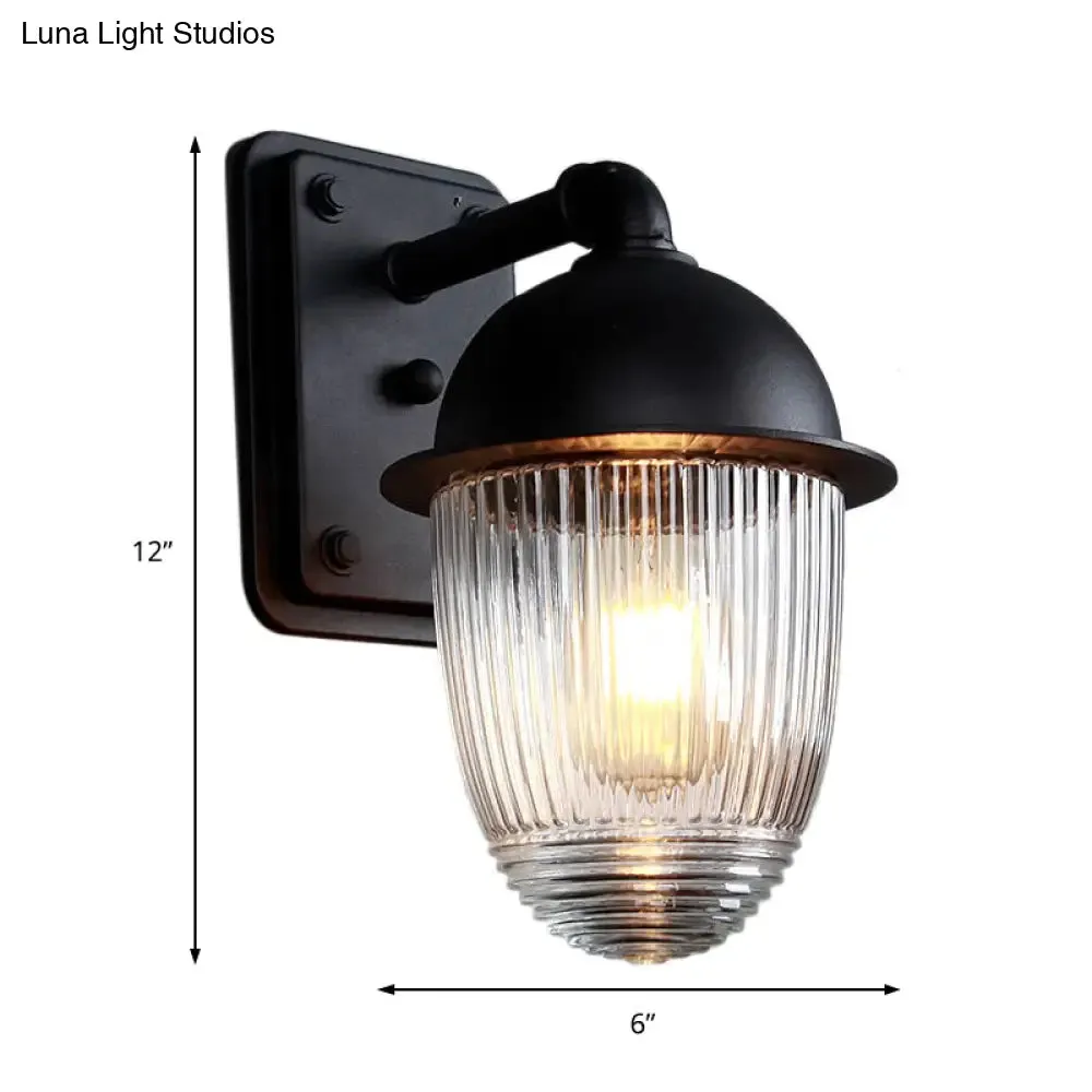 Industrial Ribbed Glass Black Sconce Light, Thick Jelly Jar Wall Lamp, 1-Light Fixture, 5"/6" Wide