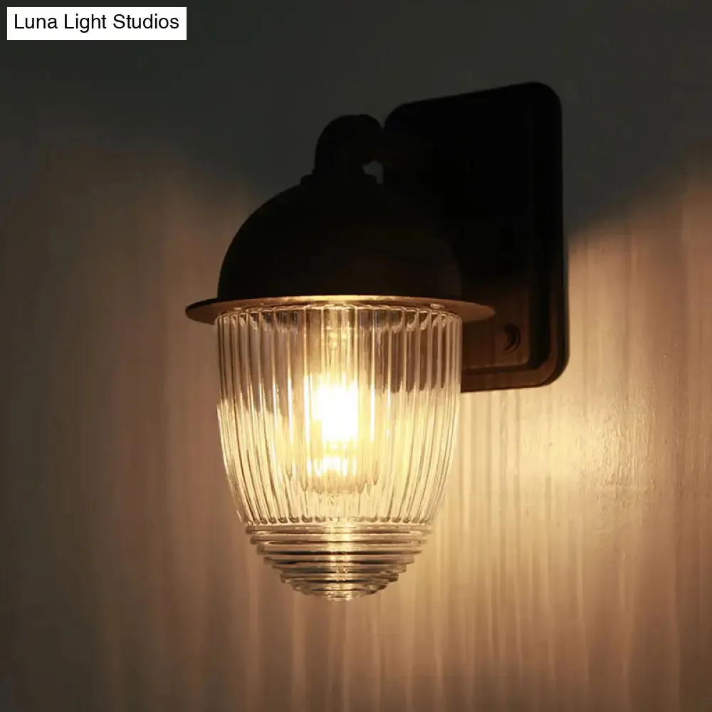 Industrial Ribbed Glass Black Sconce Light, Thick Jelly Jar Wall Lamp, 1-Light Fixture, 5"/6" Wide