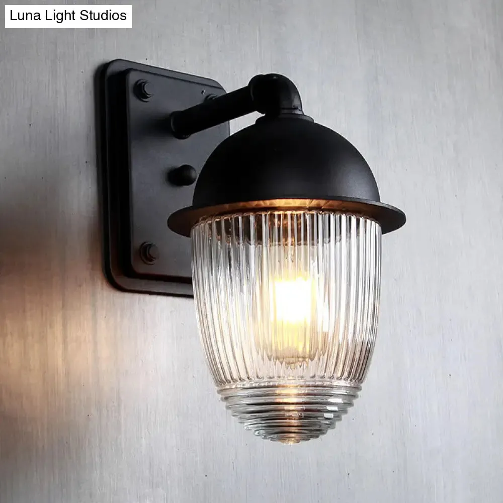 Industrial Ribbed Glass Black Sconce Light, Thick Jelly Jar Wall Lamp, 1-Light Fixture, 5"/6" Wide