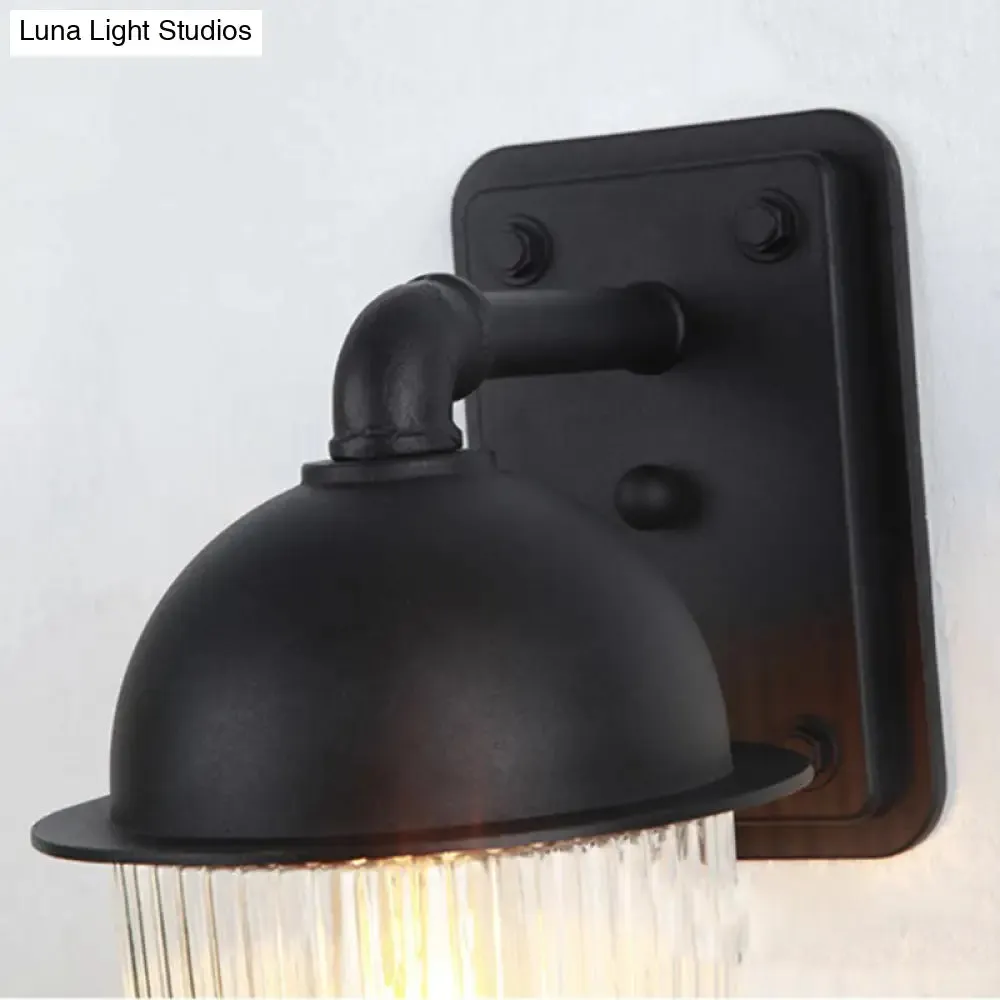 Industrial Ribbed Glass Black Sconce Light, Thick Jelly Jar Wall Lamp, 1-Light Fixture, 5"/6" Wide