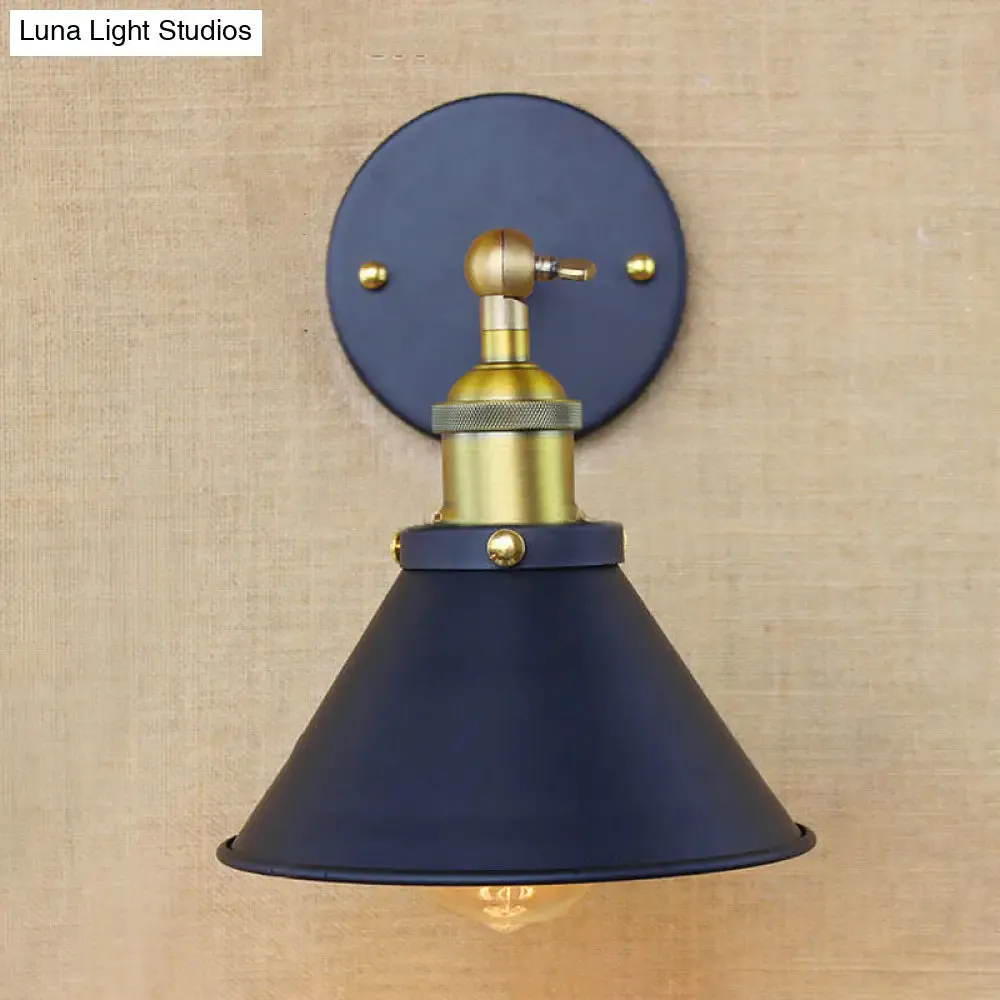 Industrial Style Brass Metal Wall Sconce, 1 Light Conical Wall Mounted Lamp for Living Room – 7"/10" Width