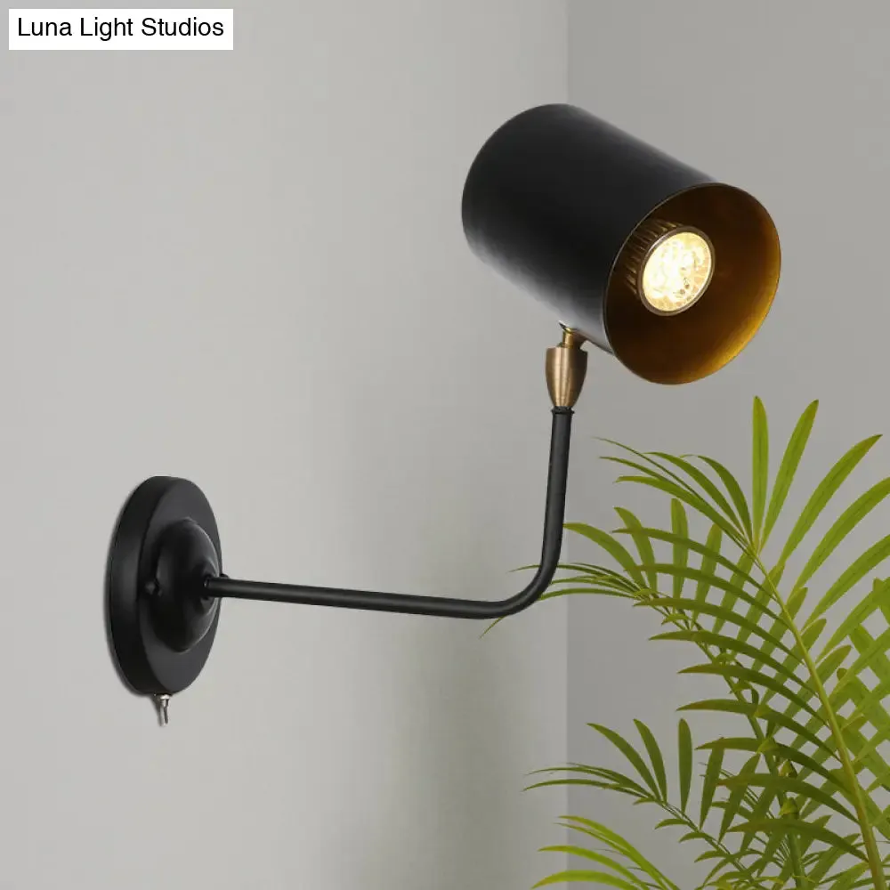 Industrial Wall Mounted Sconce Lamp in Black - Cylinder Metallic Light Fixture with Bend Arm for Bedside