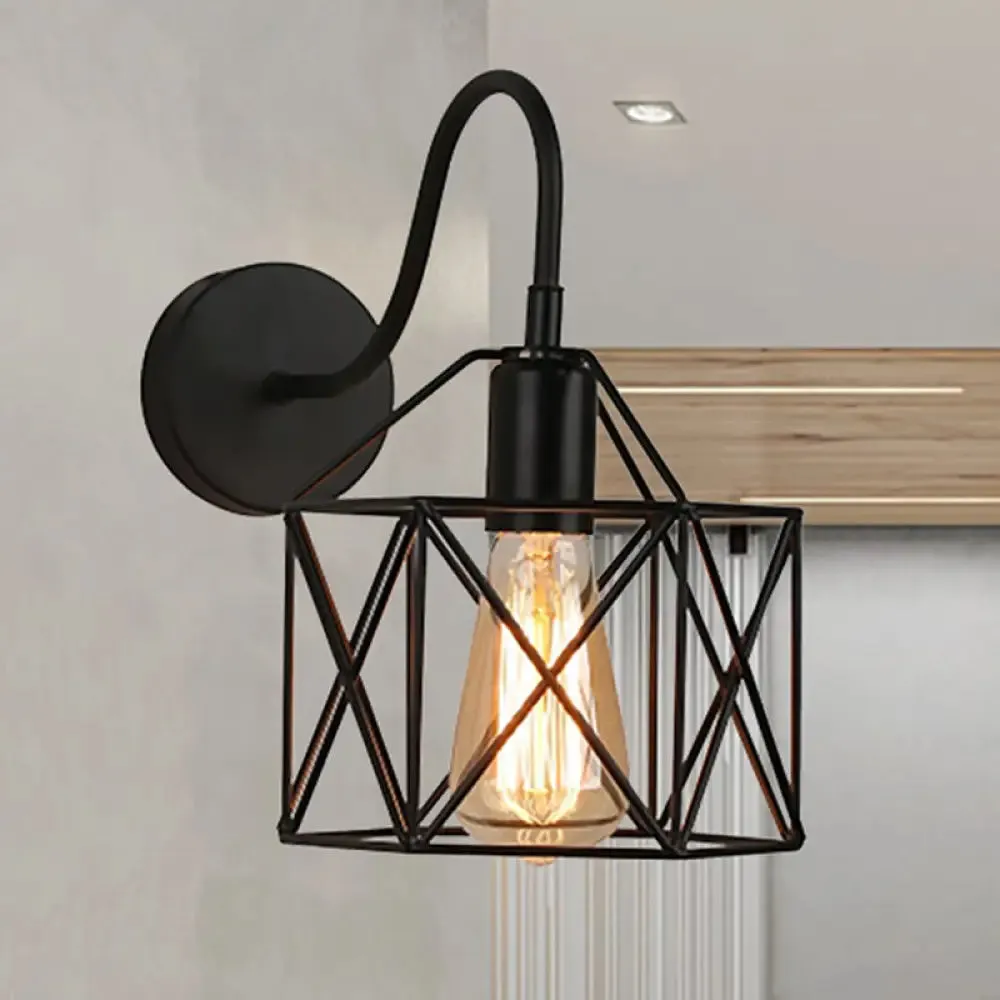 Industrial Wire Guard Sconce with Gooseneck Arm - Black 1-Light Wall Lighting