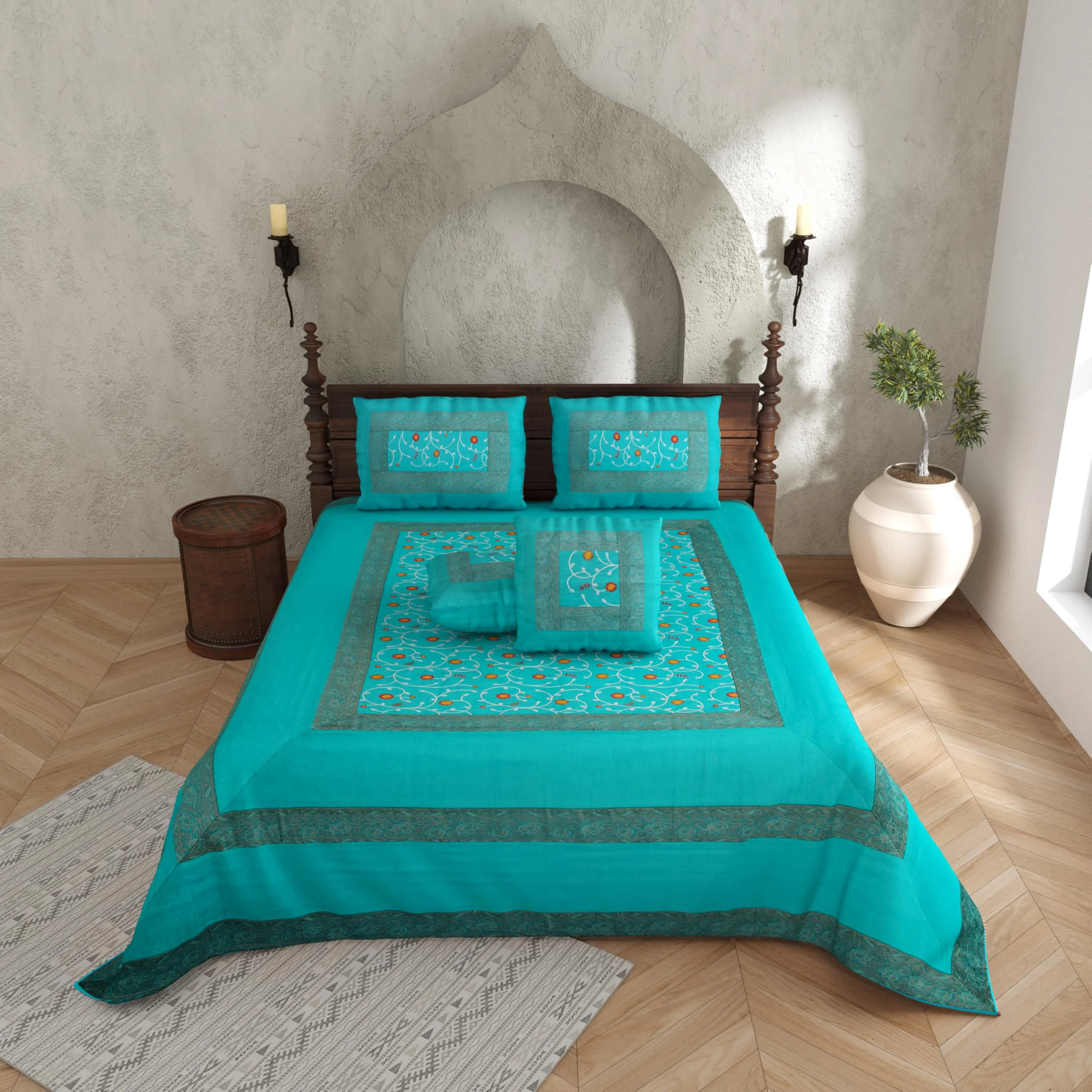 JaipurFabric® Embroidery 240TC Silk Double Bedsheet with 2 Pillow Covers(108" X 90"), Mint Green