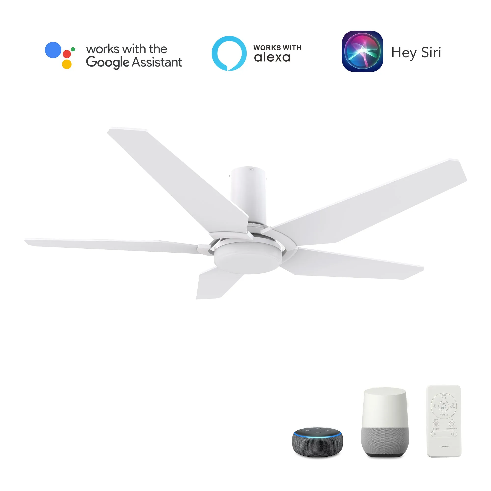 KAJ 48 inch 5-Blade Flush Mount Smart Ceiling Fan with LED Light Kit & Remote - White/White