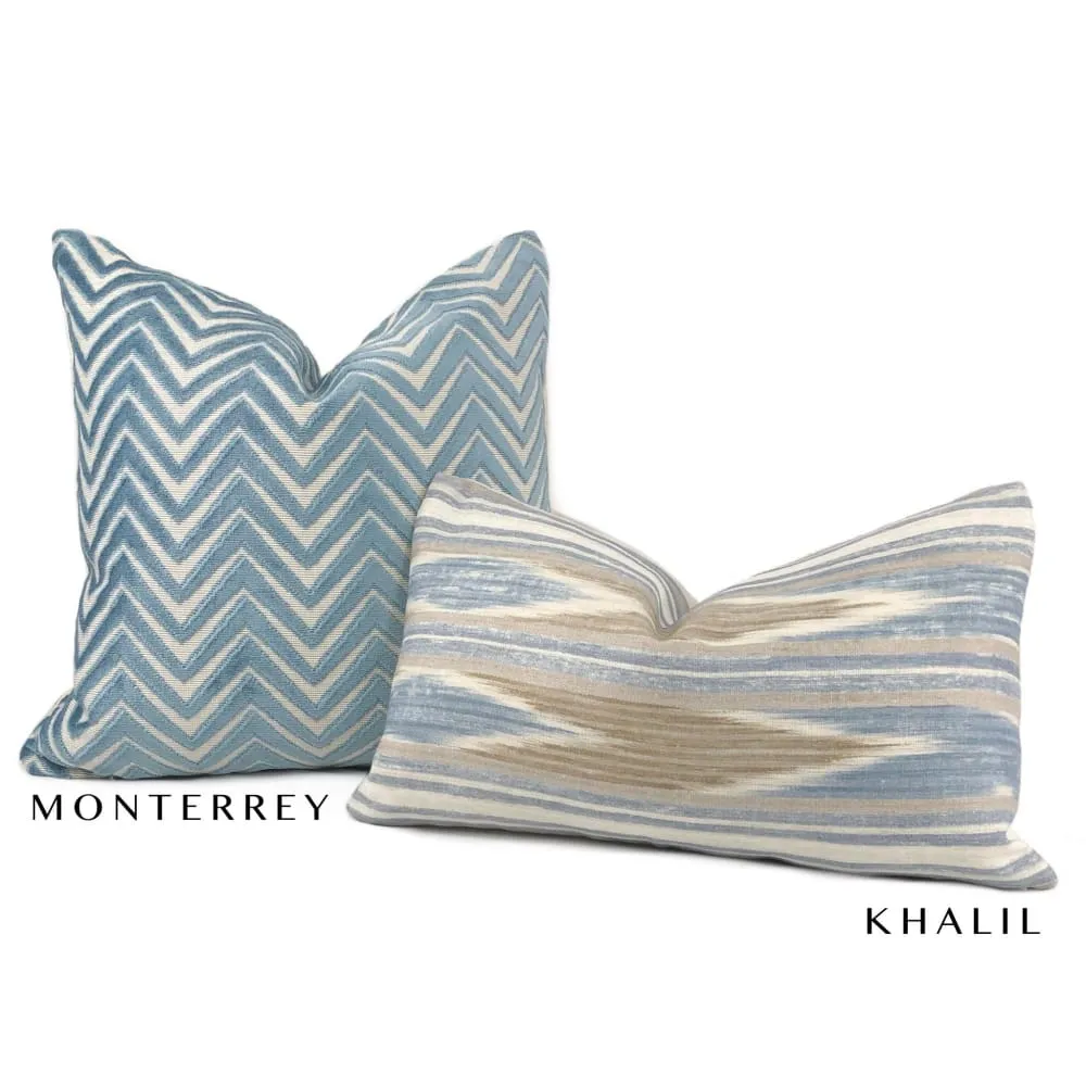 Khalil Blue Brown Cream Ethnic Ikat Chevron Stripe Linen Pillow Cover (Colefax Fowler fabric)