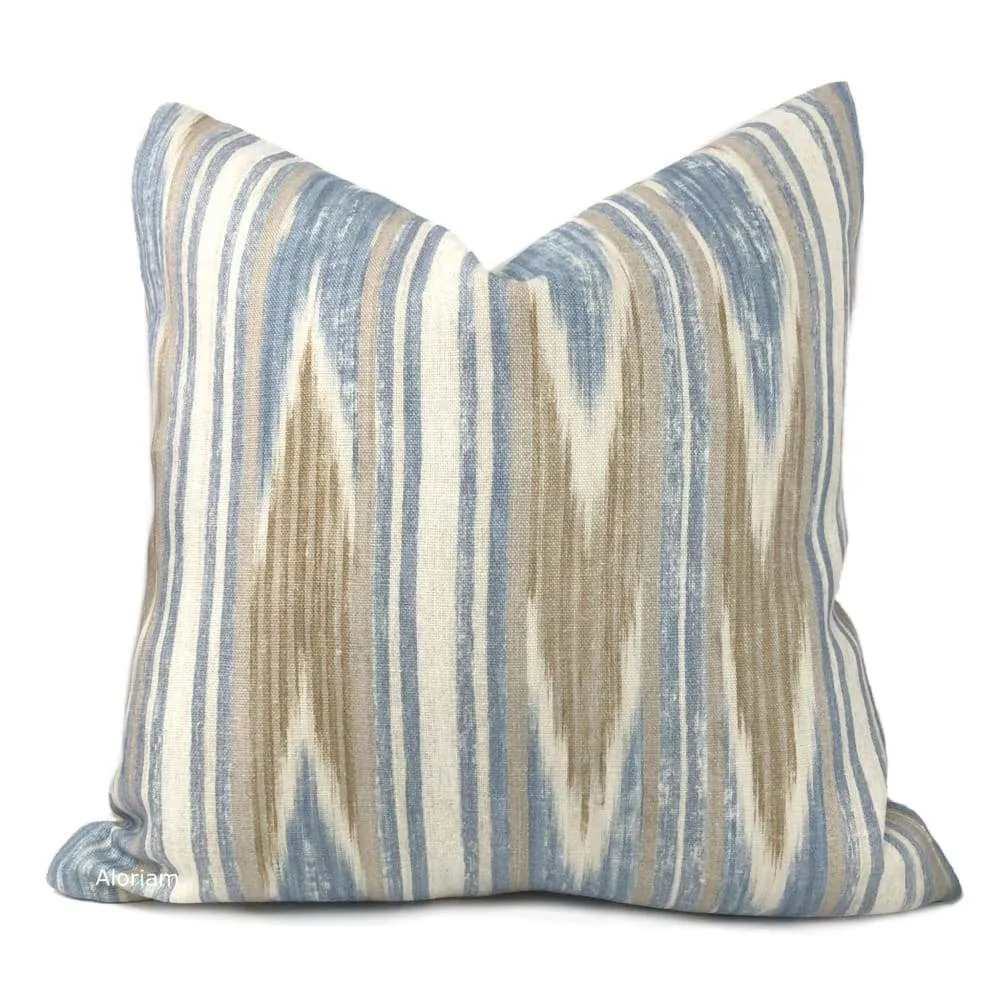 Khalil Blue Brown Cream Ethnic Ikat Chevron Stripe Linen Pillow Cover (Colefax Fowler fabric)