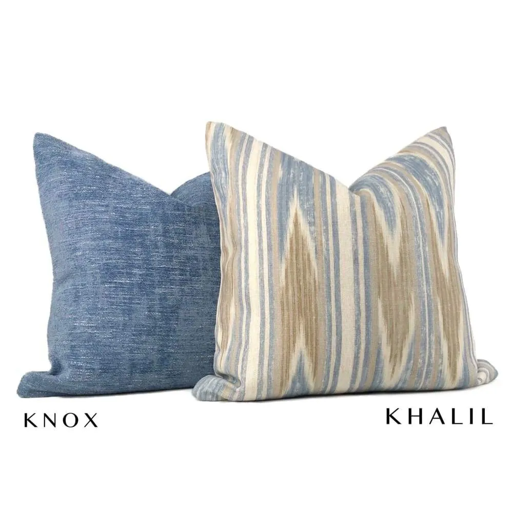 Khalil Blue Brown Cream Ethnic Ikat Chevron Stripe Linen Pillow Cover (Colefax Fowler fabric)