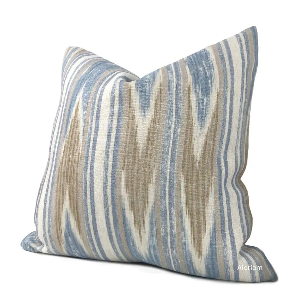 Khalil Blue Brown Cream Ethnic Ikat Chevron Stripe Linen Pillow Cover (Colefax Fowler fabric)