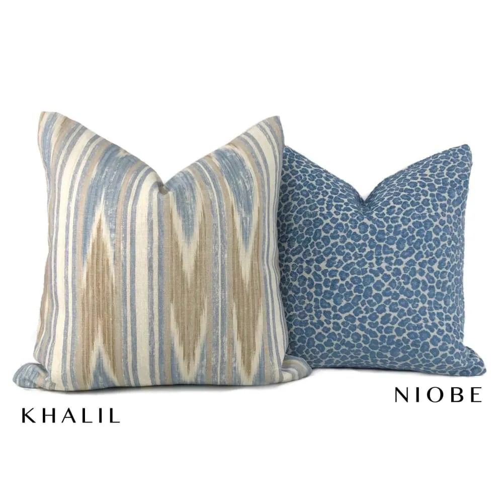 Khalil Blue Brown Cream Ethnic Ikat Chevron Stripe Linen Pillow Cover (Colefax Fowler fabric)