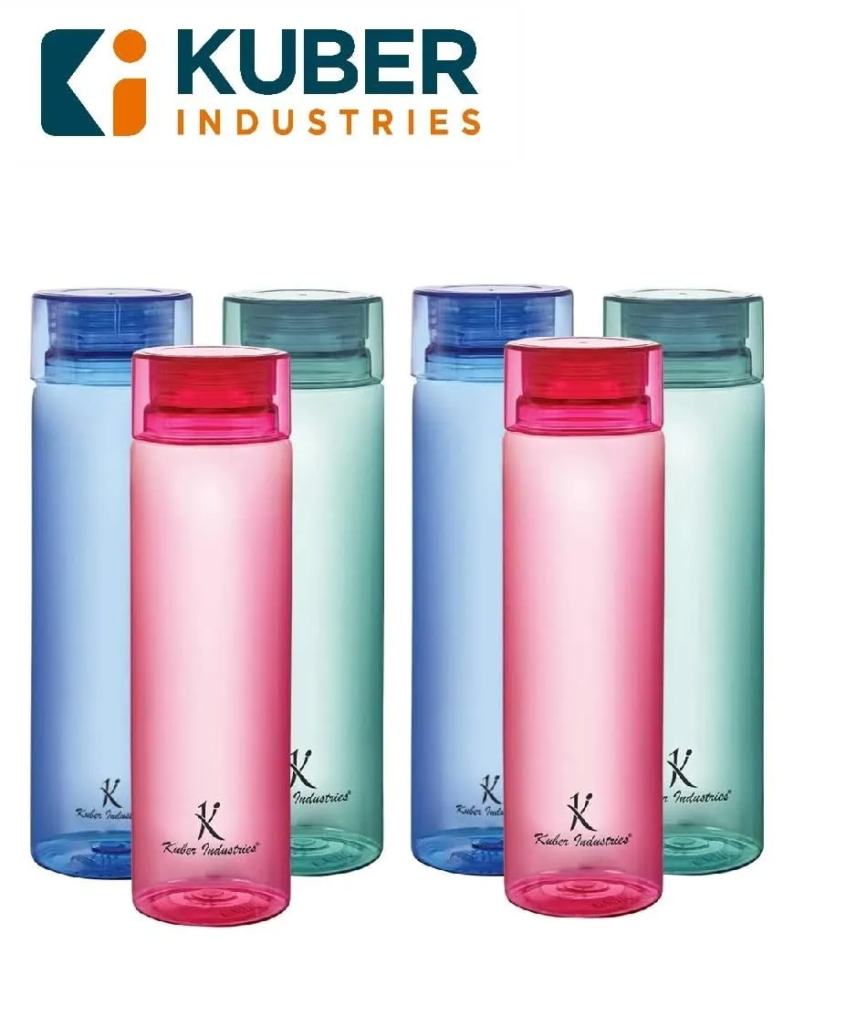 Kuber Industries Set of 6 Plastic Water Bottle | 1 Litre Round Plastic Water Bottle | Refrigerator Safe and BPA free PET Water Bottle |Perfect For School College Work Gym | Pack of 5 | Multicolour