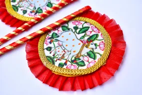 Laddu Gopal kanha ji Hand Fan (Pankha) with Cow Design,Handmade Cloth Fan,Also suitable for all gods Lord vishnu ji,Ganesh ji,Kanha ji,Lord shiva etc. (Red)