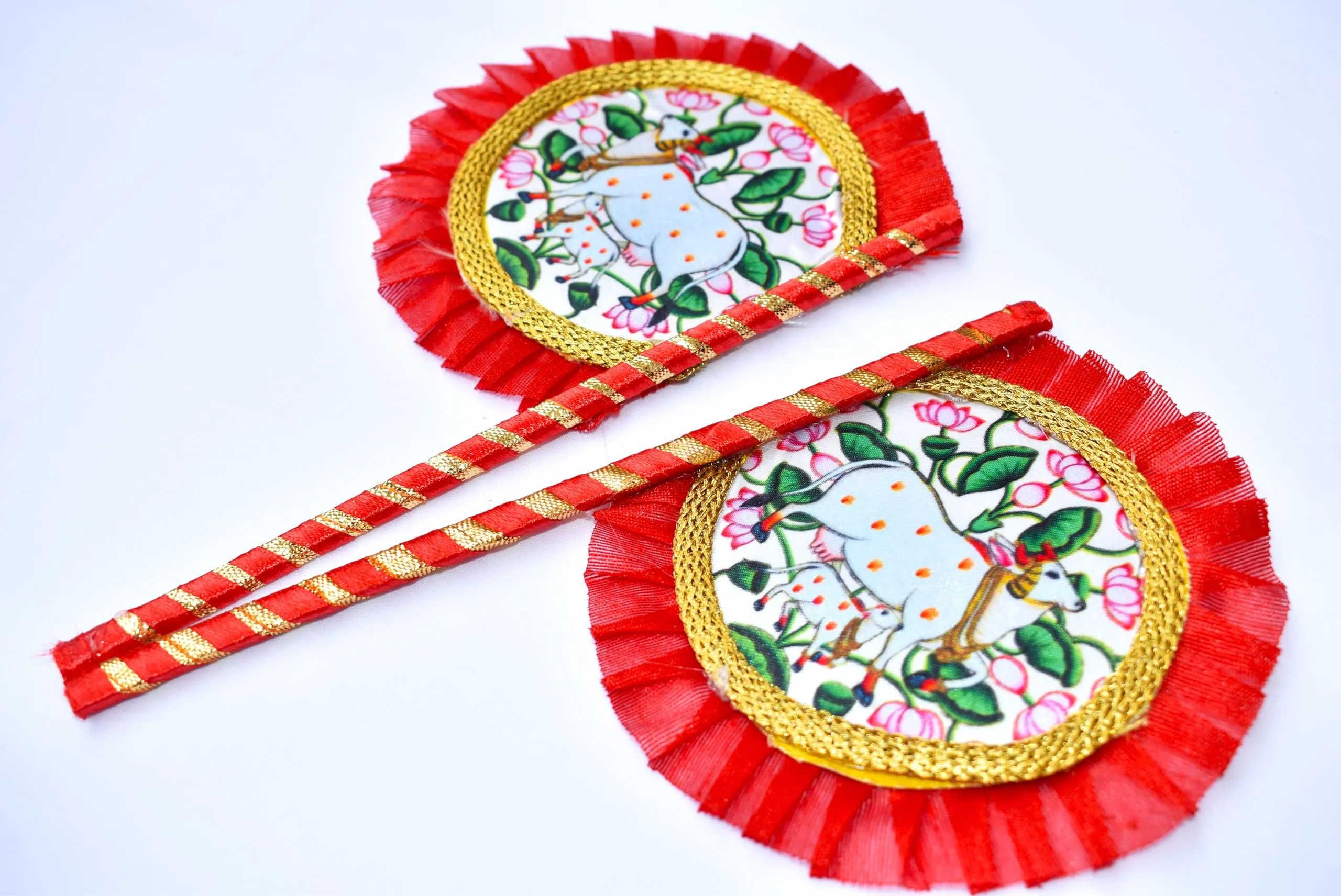 Laddu Gopal kanha ji Hand Fan (Pankha) with Cow Design,Handmade Cloth Fan,Also suitable for all gods Lord vishnu ji,Ganesh ji,Kanha ji,Lord shiva etc. (Red)