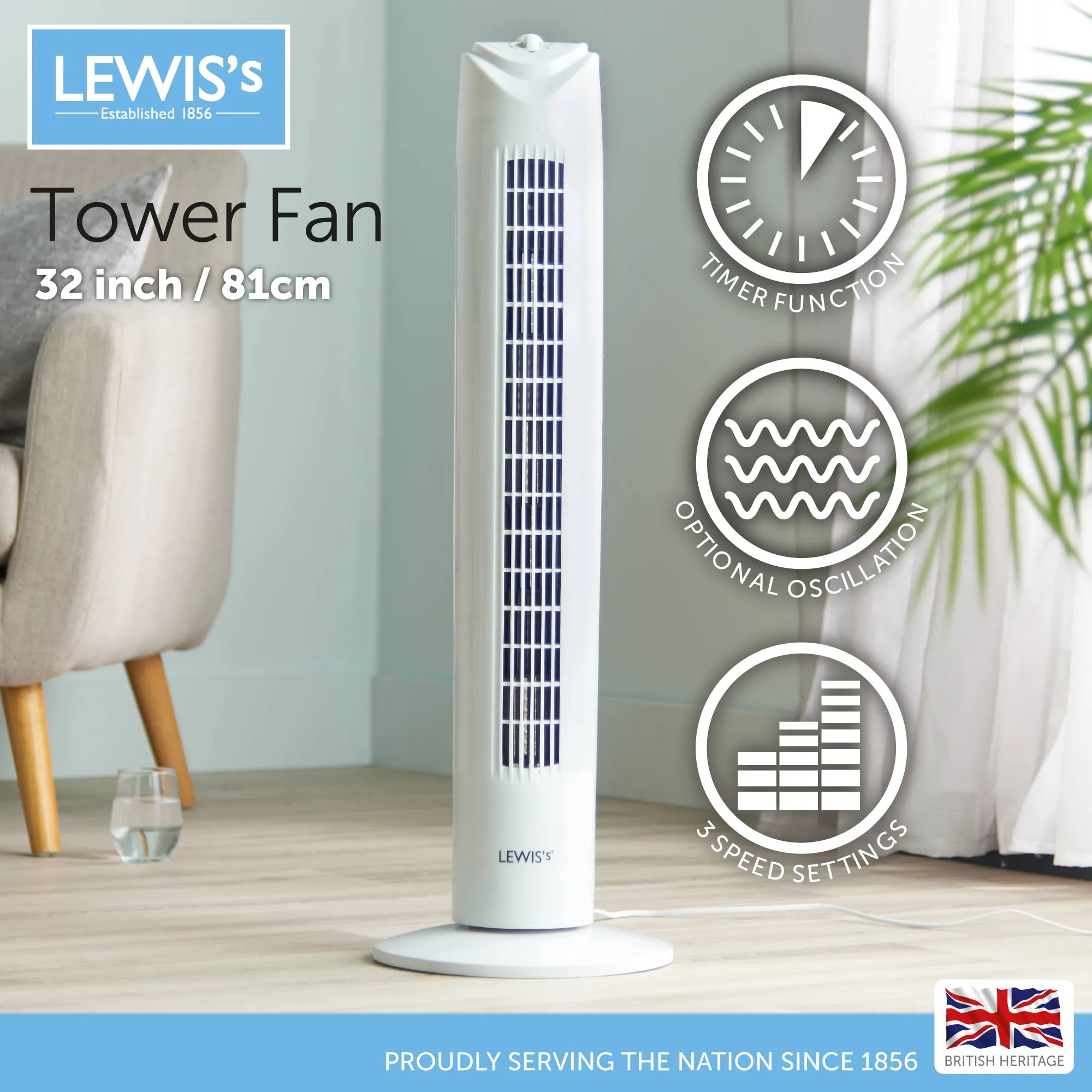 Lewis's 32 Inch Tower Fan - White