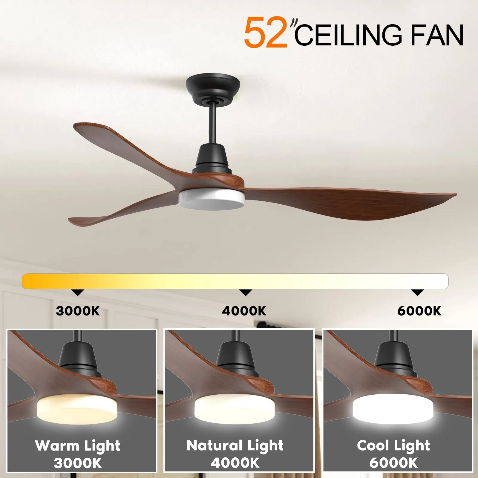 Marseille 52" Ceiling fan 3 ABS blades Walnut Hand-Print with Remote Control LED Light Kit