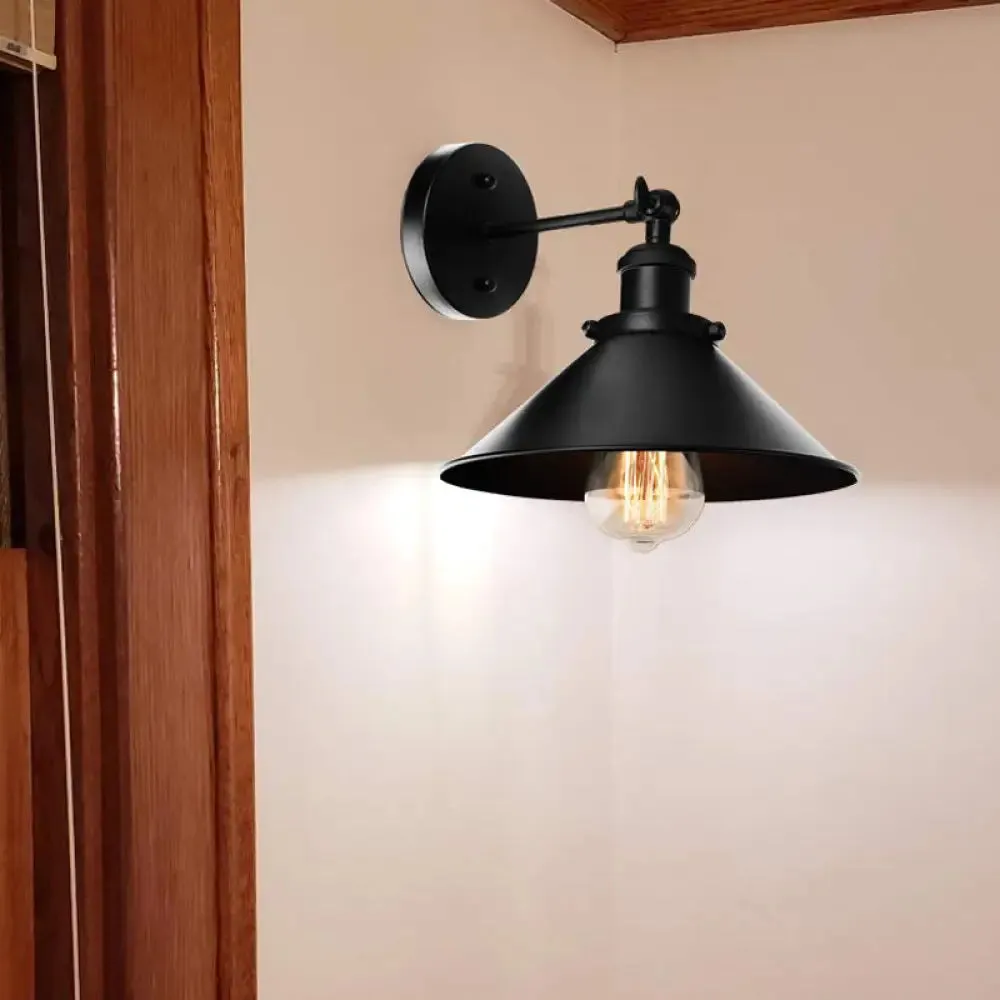 Metallic Conic Wall Sconce Light: Loft Style, Adjustable Wall Mount in Black - 2 Pack for Living Room