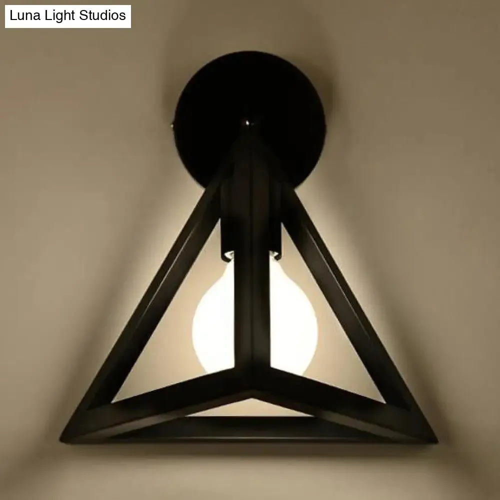 Modern Metal Caged Wall Light with Triangle Shade - Loft Style Bedroom Wall Lamp, Black