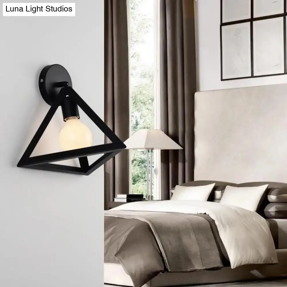 Modern Metal Caged Wall Light with Triangle Shade - Loft Style Bedroom Wall Lamp, Black