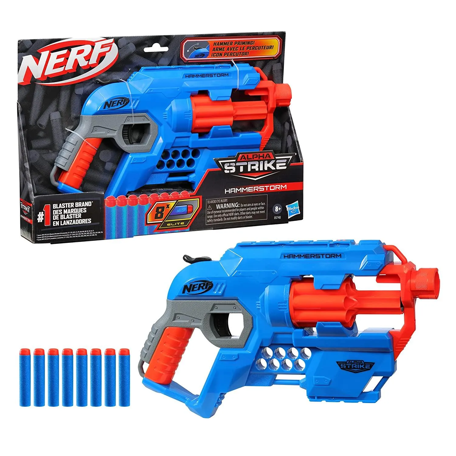 Nerf Alpha Strike Hammerstorm Blaster, Hammer-Priming Action, 8-Dart Drum, 8 Darts