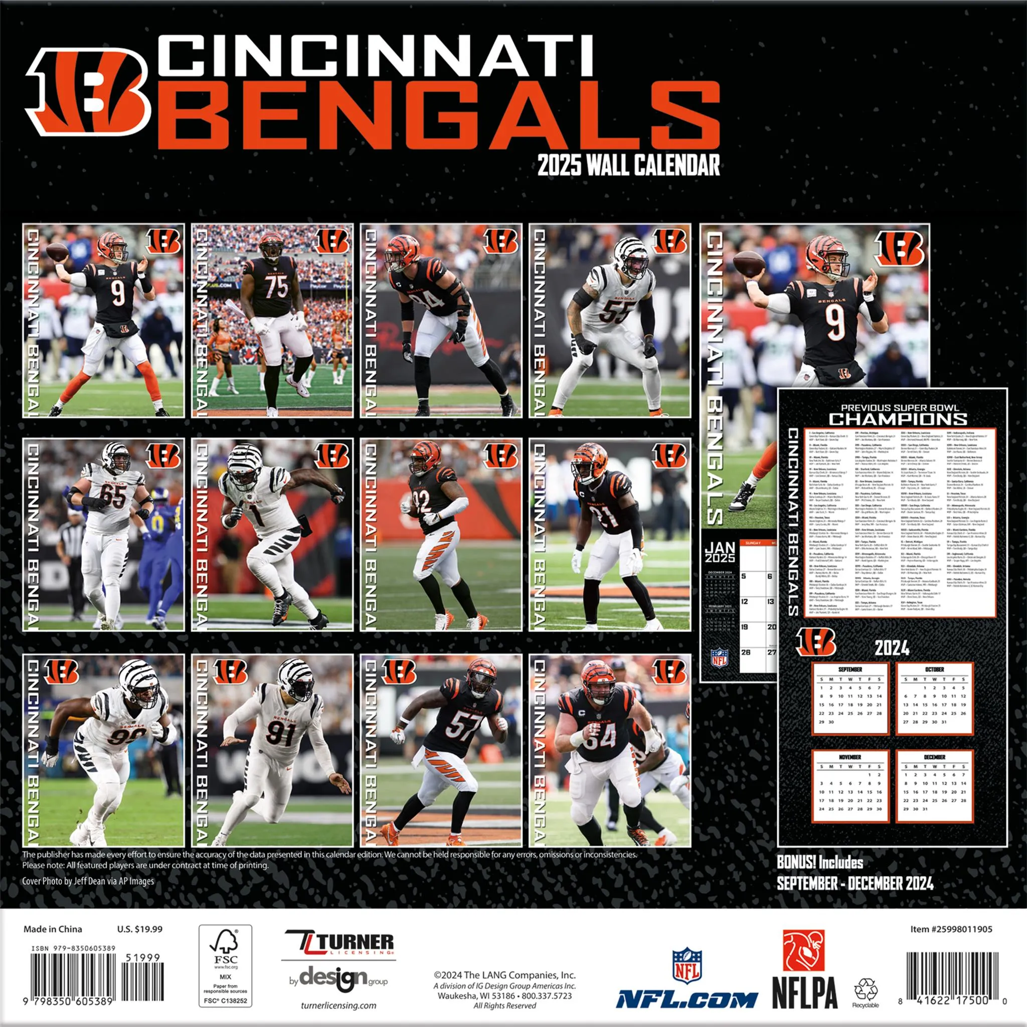 NFL Cincinnati Bengals Wall 2025 Calendar - Online Exclusive