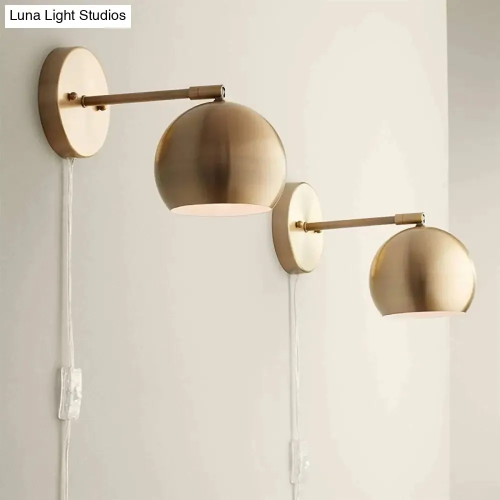 One Bulb Metal Industrial Wall Light with Round Shade in Brass - Ideal for Living Room Sconce Lighting