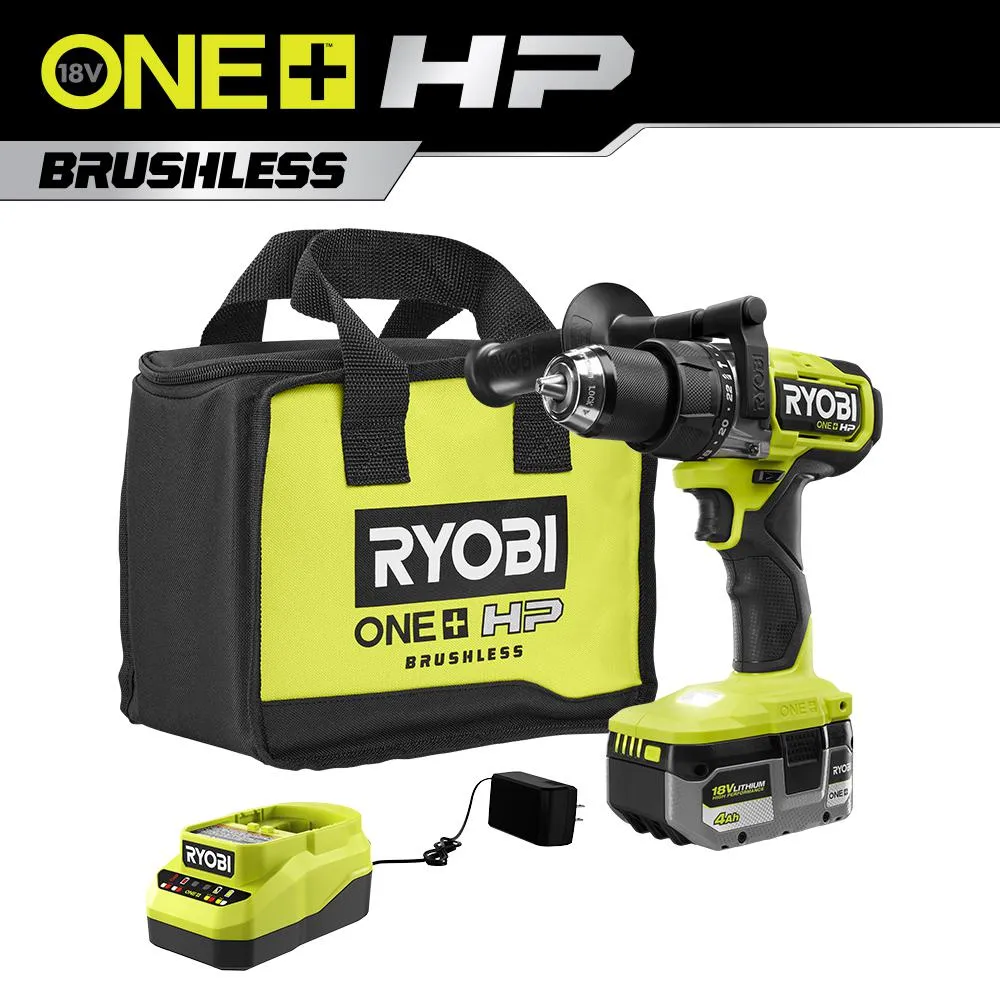 Open Box - RYOBI ONE  HP 18V Brushless Cordless 1/2 in. Hammer Drill Kit with (1) 4.0 Ah High Performance Battery, Charger, and Tool Bag