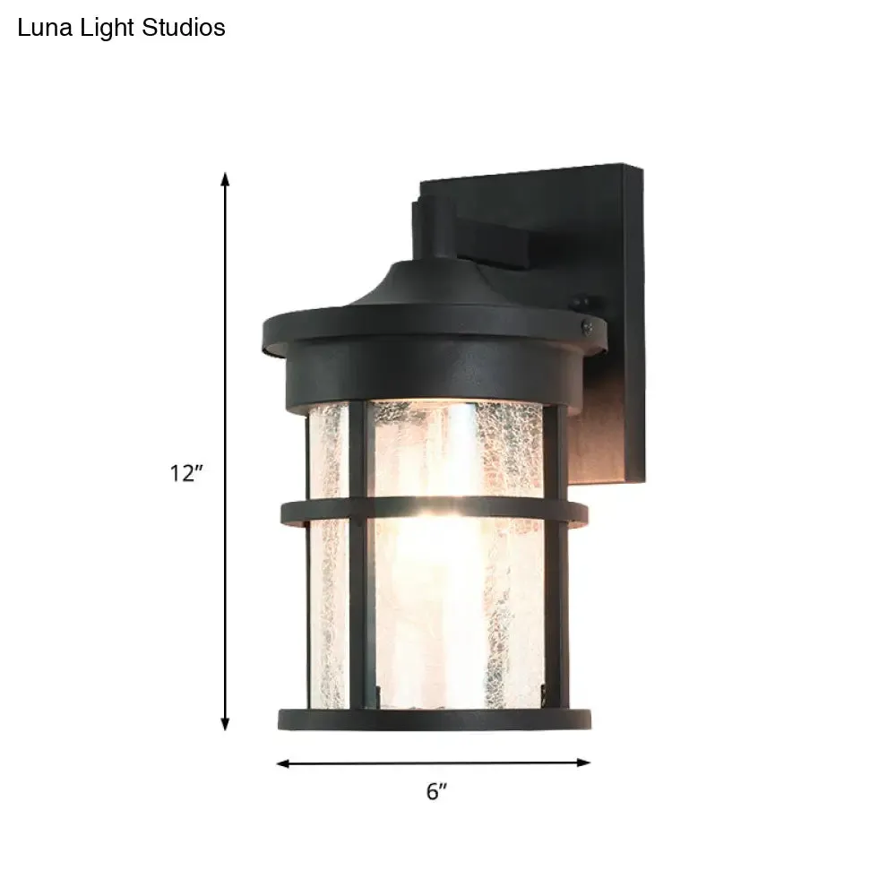 Outdoor Vintage Crackle Glass Cylinder Wall Sconce Lamp - 1 Light Black Fixture, 6"/8" Wide