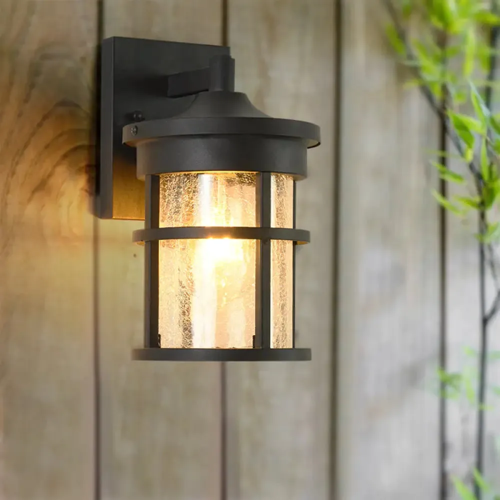 Outdoor Vintage Crackle Glass Cylinder Wall Sconce Lamp - 1 Light Black Fixture, 6"/8" Wide